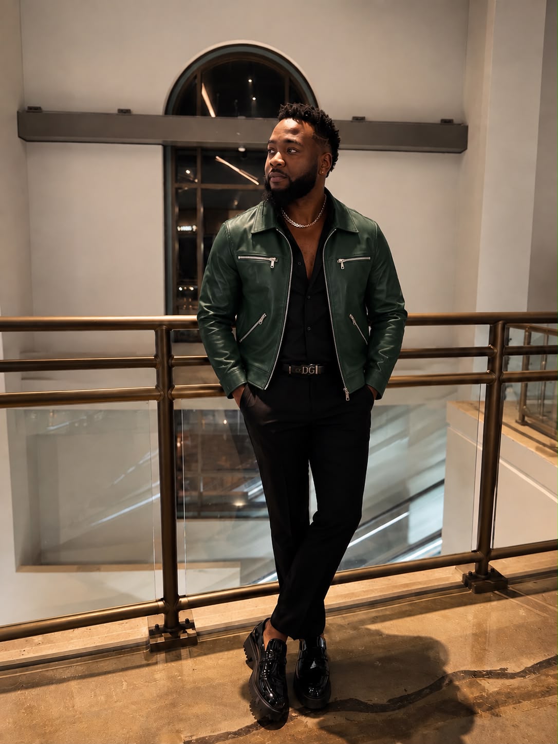 Men's Green Faux Leather Bomber Jacket