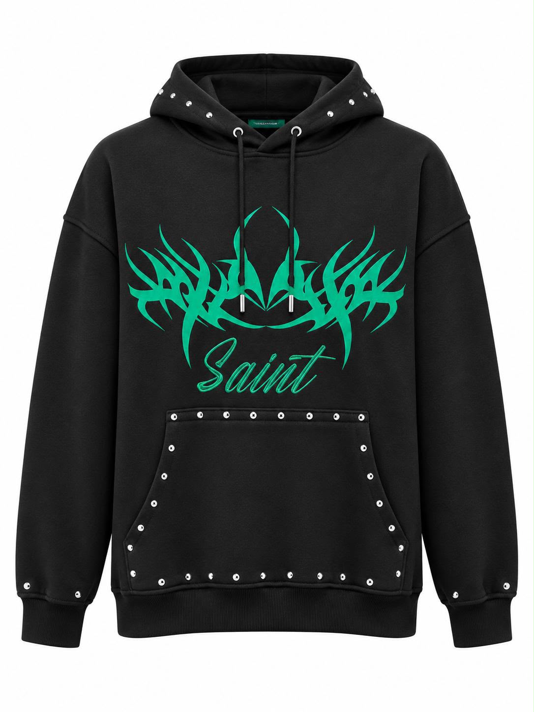 Men’s Black Saint Graphic Hoodie - Studded Oversized Pullover Sweatshirt