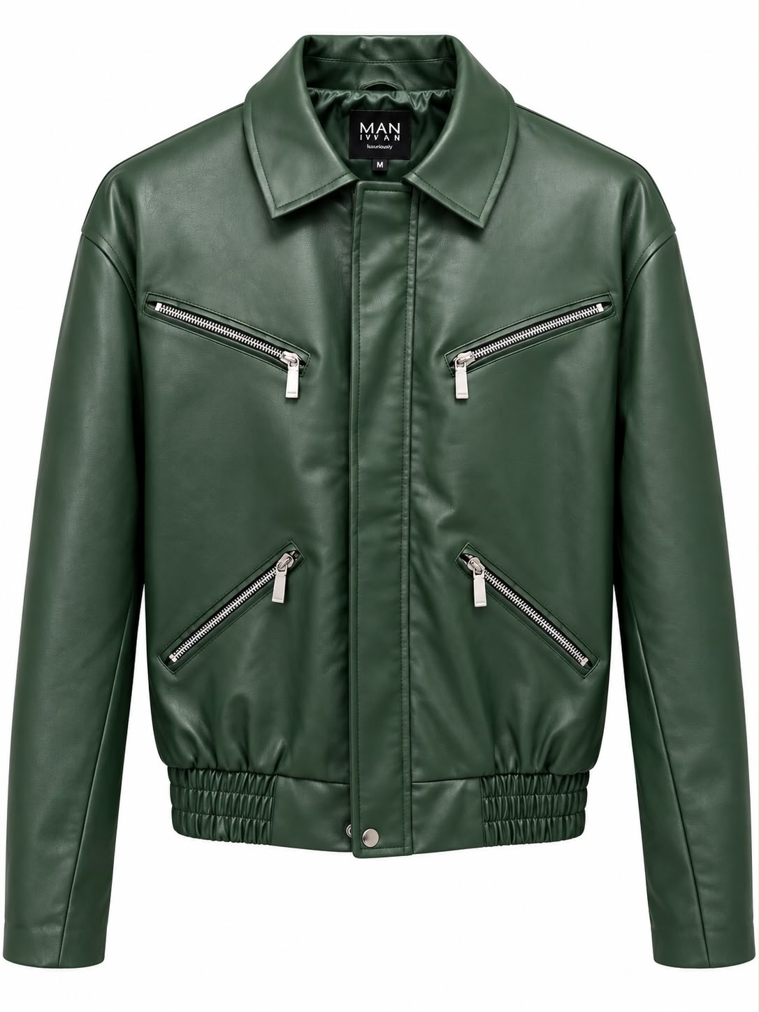 Men's Green Faux Leather Bomber Jacket - photo 2