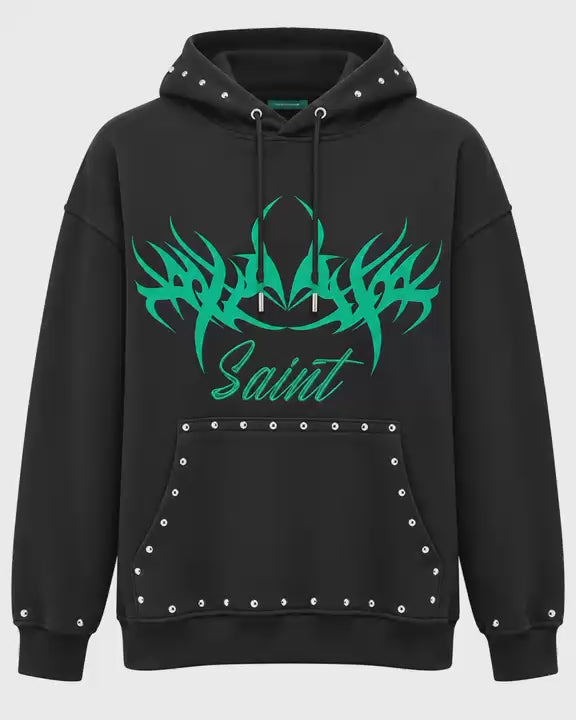 Men’s Black Saint Graphic Hoodie – Studded Oversized Pullover Sweatshirt